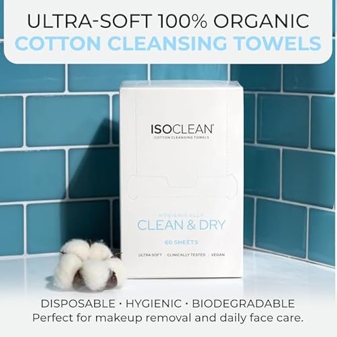 Isoclean منشفة وجه - علبة من 60 مناديل إزالة المكياج، مناشف قابلة للاستخدام مرة واحدة مصنوعة من قطن عضوي ناعم، لطيفة على البشرة الحساسة، مثالية لتنظيف الوجه وإزالة بقايا مستحضرات التجميل - Image 3